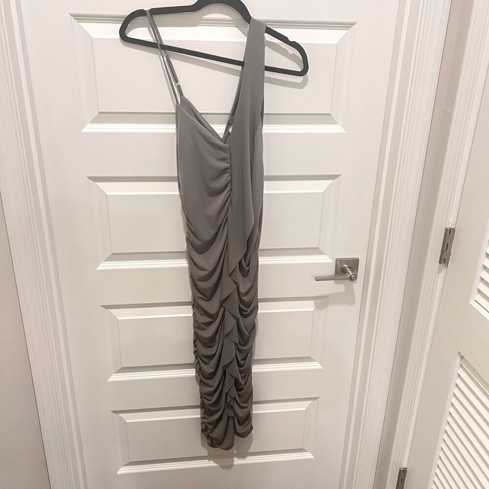 ASOS Taupe Ruched Bodycon Dress SZ 8 One Shoulder Draped Stretch Party Cocktail